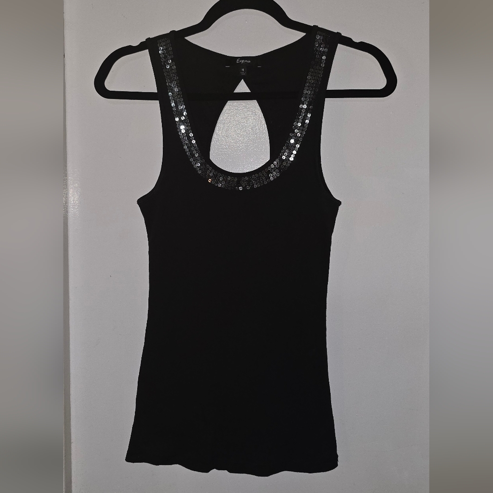 Black Sequin Trim Tank Top